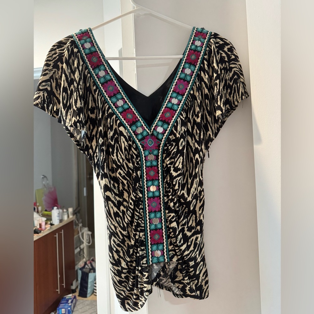 Nanette Lepore black white purple turquoise short sleeve top blouse size S